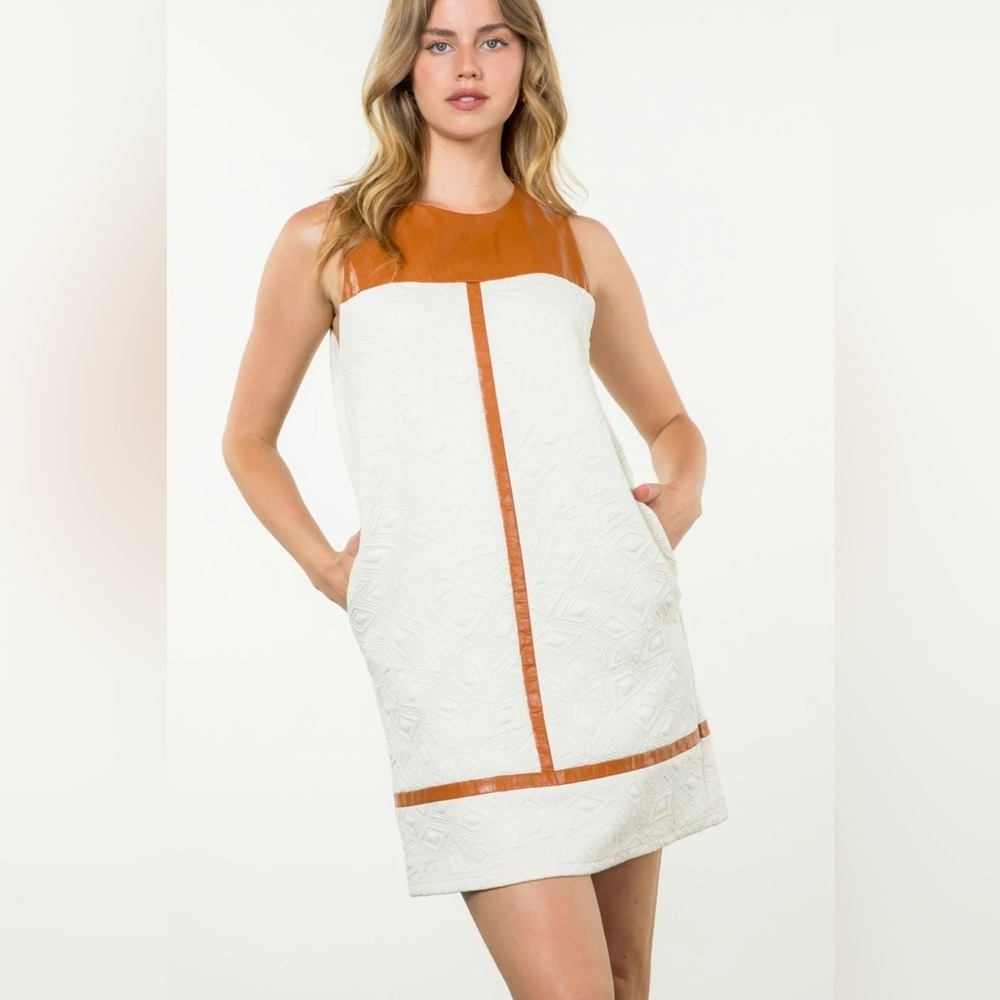 Women's THML White & Brown Sleeveless Dress S MIXED MEDIA TEXTURED MIDI-CREAM